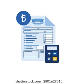 Detailed financial document icon with checkmark list items, a calculator, and a Turkish Lira currency symbol. Professional tool for expense tracking, tax filing, and auditing.