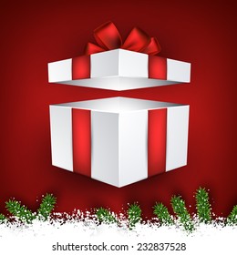 Detailed fir frame with 3d gift box. Red christmas background. Vector illustration. 