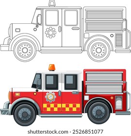 Detailed fire truck in color and outline versions