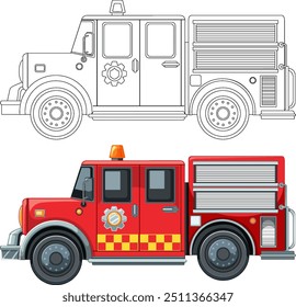 Detailed fire truck with outline version