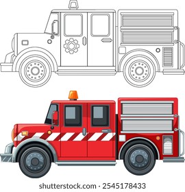 Detailed fire truck with outline version