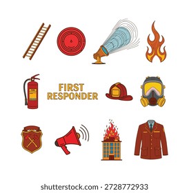 Ein detaillierter Feuerwehrmann und First Responder Icon Set mit Helm, Feuerlöscher, Leiter, Flammen, Alarm, Schild Emblem, Gebäude auf Feuer, Uniform, Megaphon, Schlauch und Sicherheitsausrüstung.