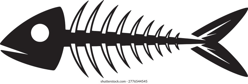 Detailed fish bone structure with distinct head, spine, and tail. Graphic representation of marine life remnants or biology. Design for science, nature, and fishing themes.