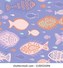 Detailed Fish Doodles, Seamless Animal Vector Pattern Background, Hand Drawn Illustration for Summer Scrapbooking, Gift Wrap, Kids Fashion, Beach Apparel & Cute Stationery, Lilac Purple Peach Orange