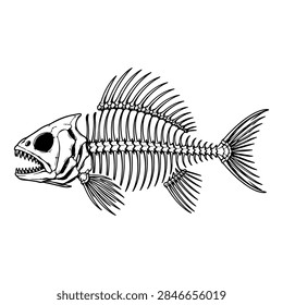 Detailed Fish Skeleton With Sharp Teeth And Bones Halloween Line Art Illustration