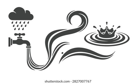 Detailed flat black graphic showing water concepts with a running tap, rain cloud, flowing waves, and water splash.