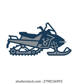 A detailed flat design icon of a winter snowmobile featuring a sleek profile with tracks and skis for cold weather transportation and outdoor recreation