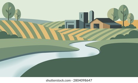 A detailed flat design illustration of a countryside agricultural farm. The scene includes a classic barn, modern silos, rolling green and gold fields with striped patterns, a winding river in the foreground, and geometric trees under a soft sky.