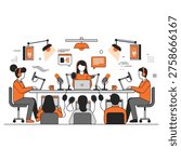 Detailed flat design of podcasting room featuring overhead lights and cameras with diverse staff members managing digital audio recording and video feed