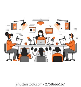 Detailed flat design of podcasting room featuring overhead lights and cameras with diverse staff members managing digital audio recording and video feed