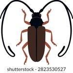 Detailed flat design vector icon of a brown longhorn beetle with longhorn antennae wildlife entomology illustration creature