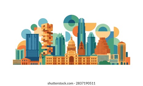 A detailed flat design vector illustration showcasing the skyline of Austin, Texas. The artwork includes stylized depictions of major skyscrapers and office buildings, highlighting the city's unique architectural profile. Designed with a clean, minimalist aesthetic, this graphic is ideal for travel marketing, website backgrounds, and editorial use.