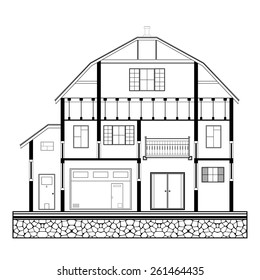Detailed flat front facade of the three-storeyed house. 2d vector dwelling-house illustration is compound in common part