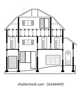 Detailed flat front facade of the three-storeyed house. 2d vector dwelling-house illustration is compound in common part