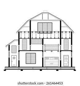 Detailed flat front facade of the three-storeyed house. 2d vector dwelling-house illustration is compound in common part