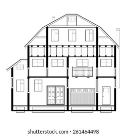 Detailed flat front facade of the three-storeyed house. 2d vector dwelling-house illustration is compound in common part