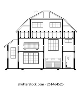 Detailed flat front facade of the three-storeyed house. 2d vector dwelling-house illustration is compound in common part