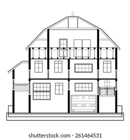Detailed flat front facade of the three-storeyed house. 2d vector dwelling-house illustration is compound in common part