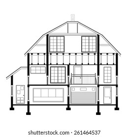 Detailed flat front facade of the three-storeyed house. 2d vector dwelling-house illustration is compound in common part
