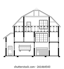 Detailed flat front facade of the three-storeyed house. 2d vector dwelling-house illustration is compound in common part