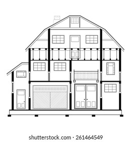 Detailed flat front facade of the three-storeyed house. 2d vector dwelling-house illustration is compound in common part
