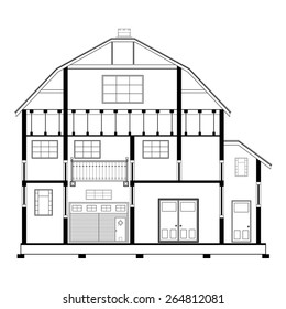 Detailed flat front facade of the three-storeyed house. 2d vector dwelling-house illustration is compound in common part