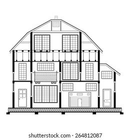Detailed flat front facade of the three-storeyed house. 2d vector dwelling-house illustration is compound in common part