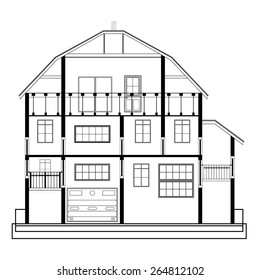 Detailed flat front facade of the three-storeyed house. 2d vector dwelling-house illustration is compound in common part