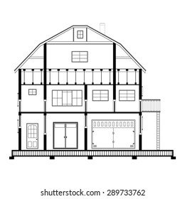 Detailed flat front facade of the three-storeyed house. 2d vector dwelling-house illustration is compound in common part