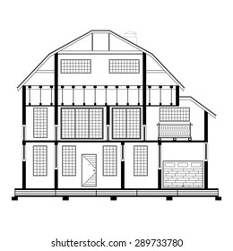 Detailed flat front facade of the three-storeyed house. 2d vector dwelling-house illustration is compound in common part