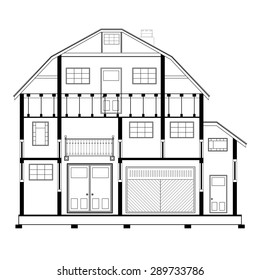 Detailed flat front facade of the three-storeyed house. 2d vector dwelling-house illustration is compound in common part