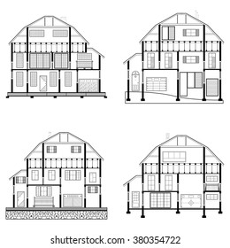 Detailed flat front facade of the three-storeyed house. 2d vector