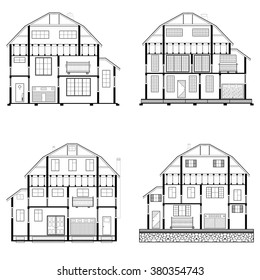 Detailed flat front facade of the three-storeyed house. 2d vector