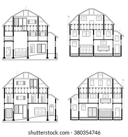 Detailed flat front facade of the three-storeyed house. 2d vector