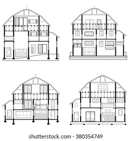 Detailed flat front facade of the three-storeyed house. 2d vector