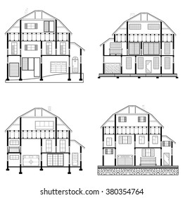 Detailed flat front facade of the three-storeyed house. 2d vector