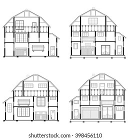 Detailed flat front facade of the three-storeyed house. 2d vector dwelling-house illustration