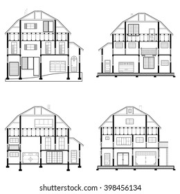 Detailed flat front facade of the three-storeyed house. 2d vector dwelling-house illustration