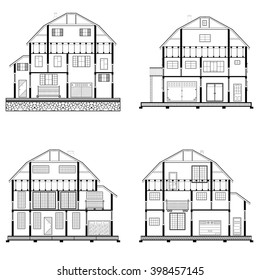 Detailed flat front facade of the three-storeyed house. 2d vector dwelling-house illustration