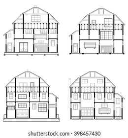 Detailed flat front facade of the three-storeyed house. 2d vector dwelling-house illustration