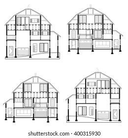 Detailed flat front facade of the three-storeyed house. 2d vector dwelling-house illustration