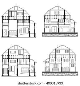 Detailed flat front facade of the three-storeyed house. 2d vector dwelling-house illustration