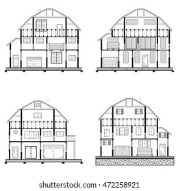 Detailed flat front facade of the three-storeyed house. 2d vector dwelling-house illustration