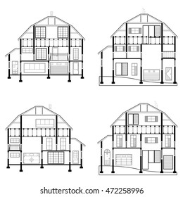 Detailed flat front facade of the three-storeyed house. 2d vector dwelling-house illustration