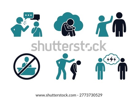 Detailed flat icon set depicting various forms of workplace negativity such as verbal bullying social isolation physical aggression and toxic management styles in professional office environments toda