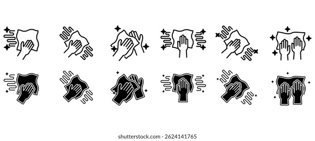 Detailed flat icon set featuring various movements of equipment. Cleaning cloth icon set. Cleaning cloth symbol. Household appliances sign. Vector illustration on transparent background. Icon Set