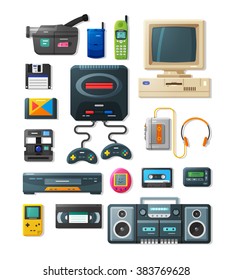 Detailed flat icons with gadgets of 90s. Retro icons with game console, gamepad, videocamera, pager, audio player and other electronics.