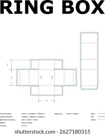 Detailed flat plan template showcasing a ring box diecut design with measurements for jewelry packaging production in a white card board.
