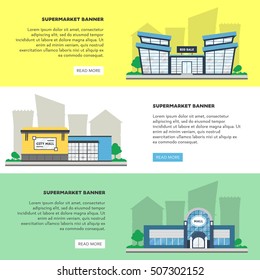 Detailed flat supermarket icons. Shopping mall building. Set of colorful funny cartoon city store banners. Collection of modern market shop exterior. Business marketing collection. Vector illustration