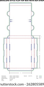 Detailed flat template illustration for an envelope-style flip-top box with rip strip design